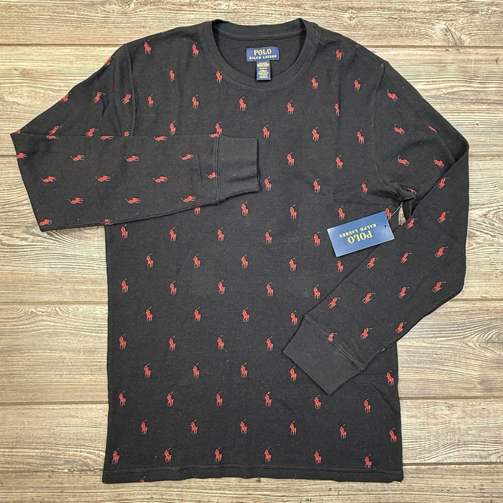 Polo Ralph Lauren Men Black Red  All Over Pony Logo Thermal Sleep Shirt MEDIUM